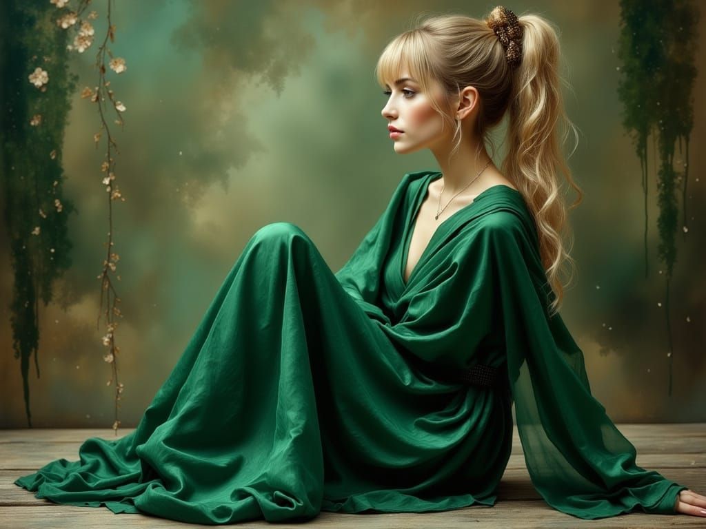 Young Woman in Emerald Green Outfit with Blonde Ponytail