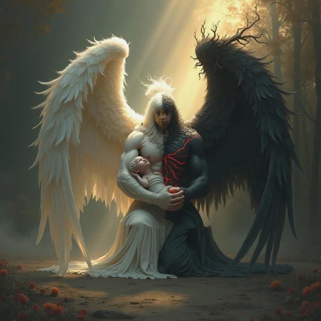Angel and Demon Kneeling with Child