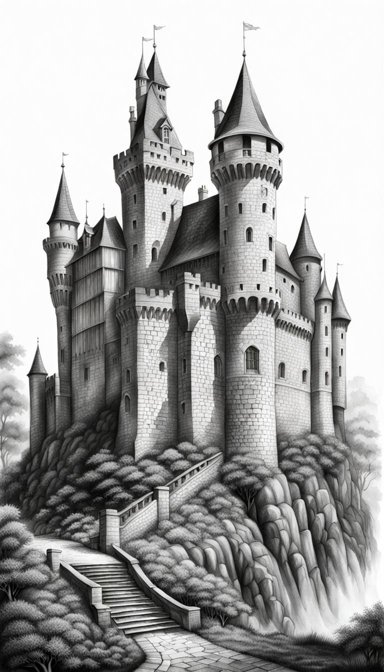 graphite drawing of a medieval castle