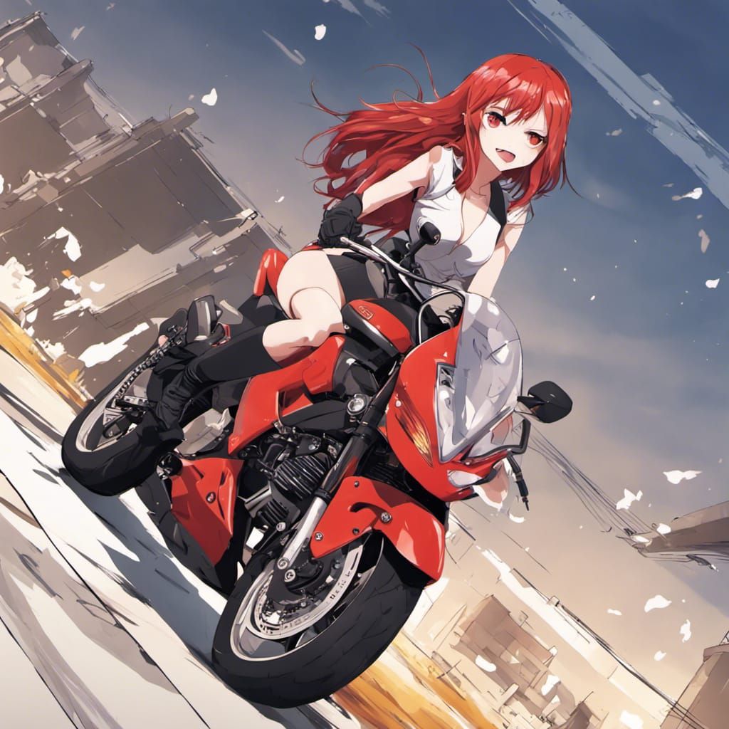 Anime Girl on Red Superbike in Manga Style