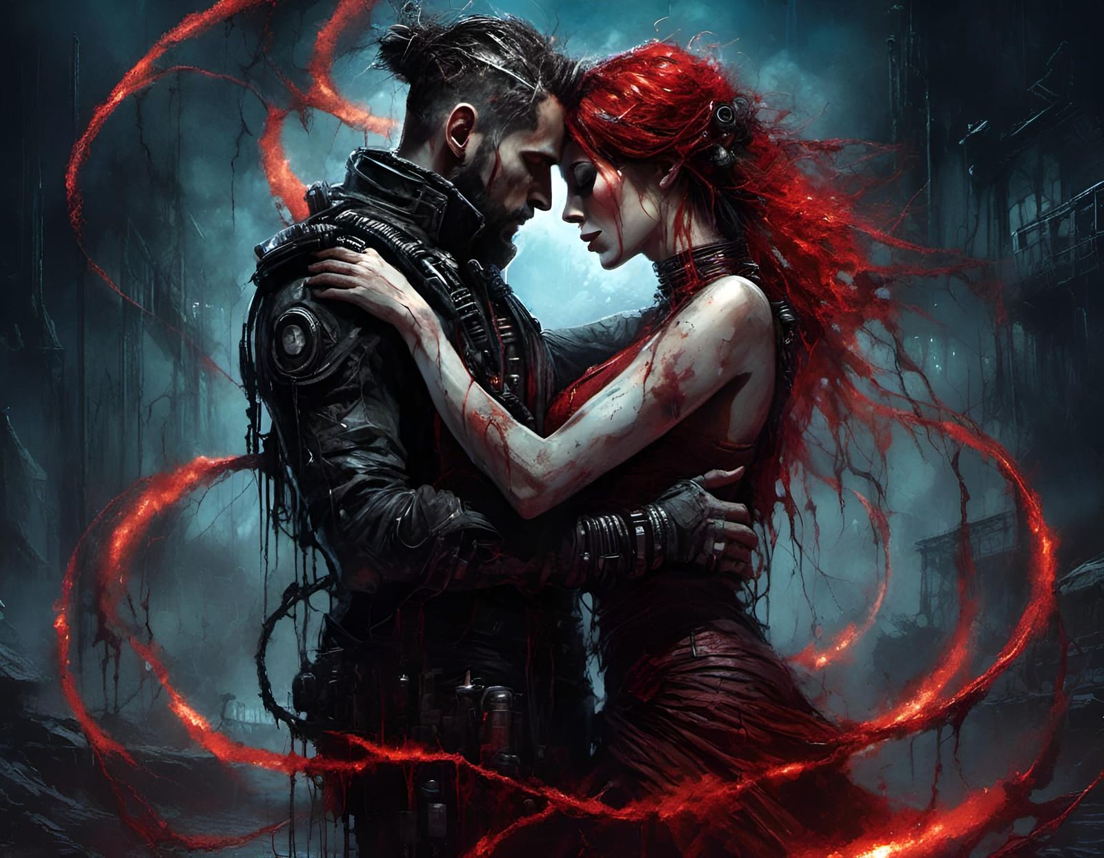 Loving Undead Cyborgs Embrace in Dystopian Wasteland