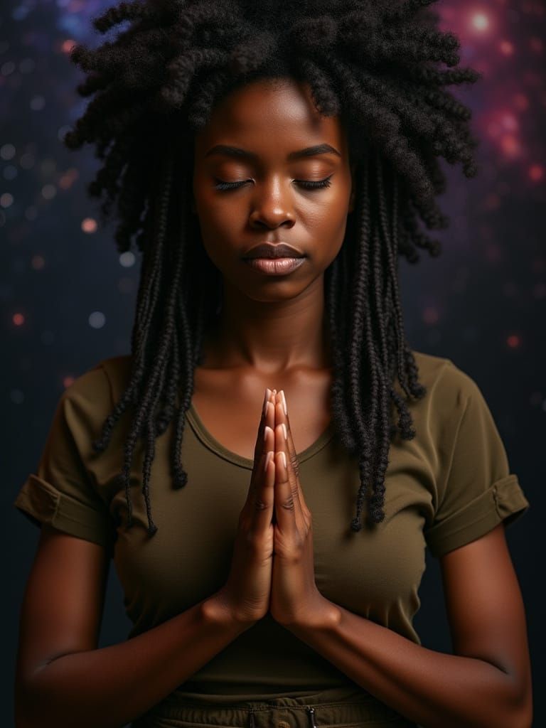 Meditative Woman with Braids in Cosmic Landscape