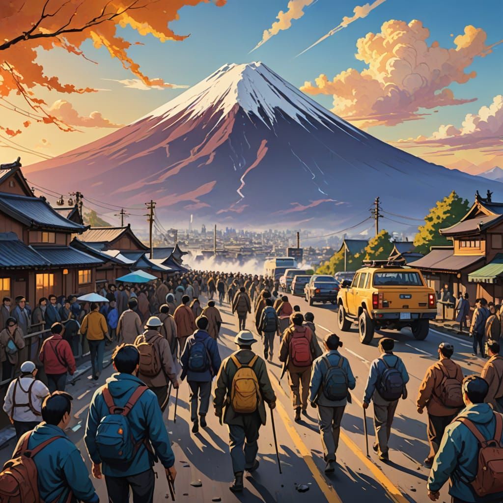 Chaotic Ascent of Mount Fuji: Vibrant Oil Painting