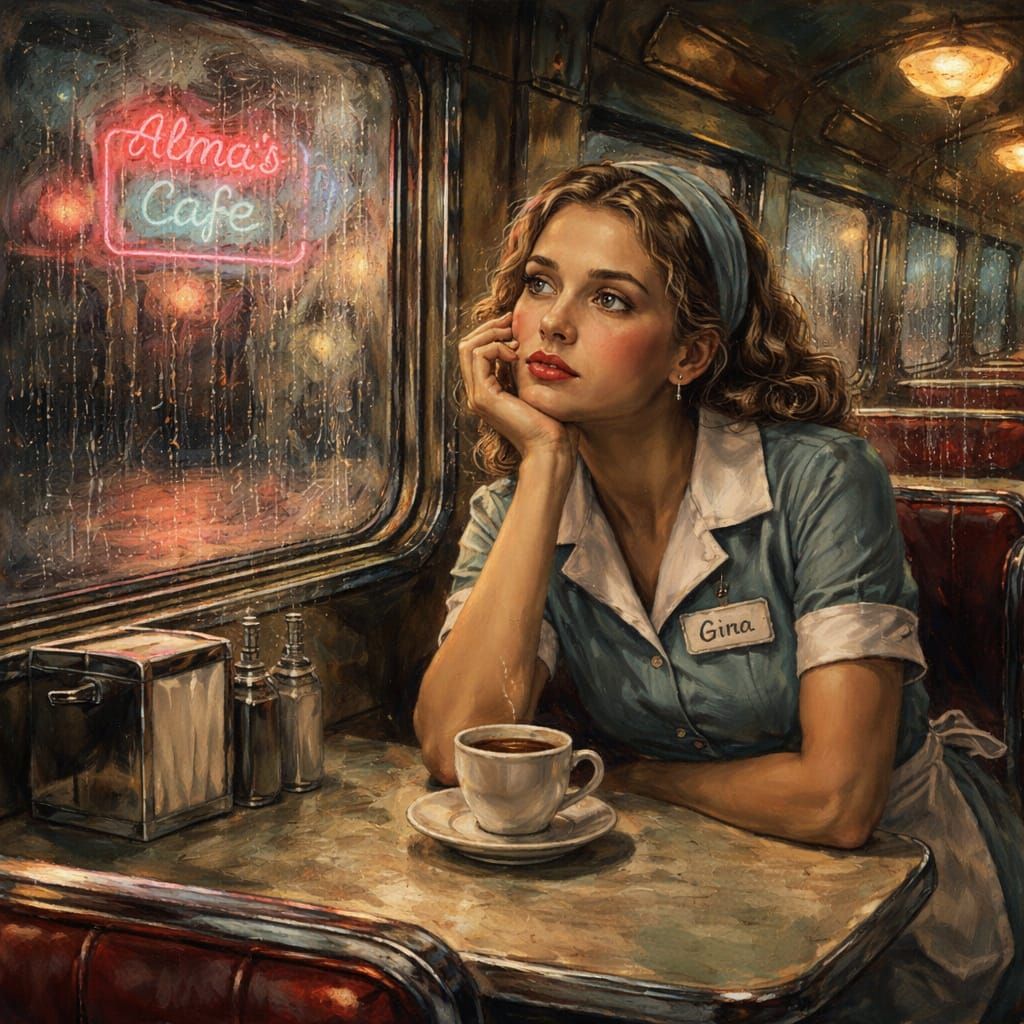 Bored Waitress in Vintage Train Diner