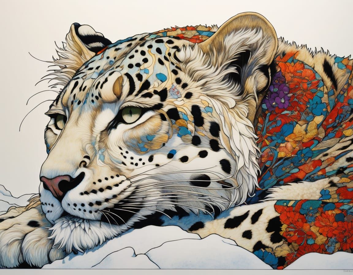 Intricately Drawn Snow Leopard in Repose