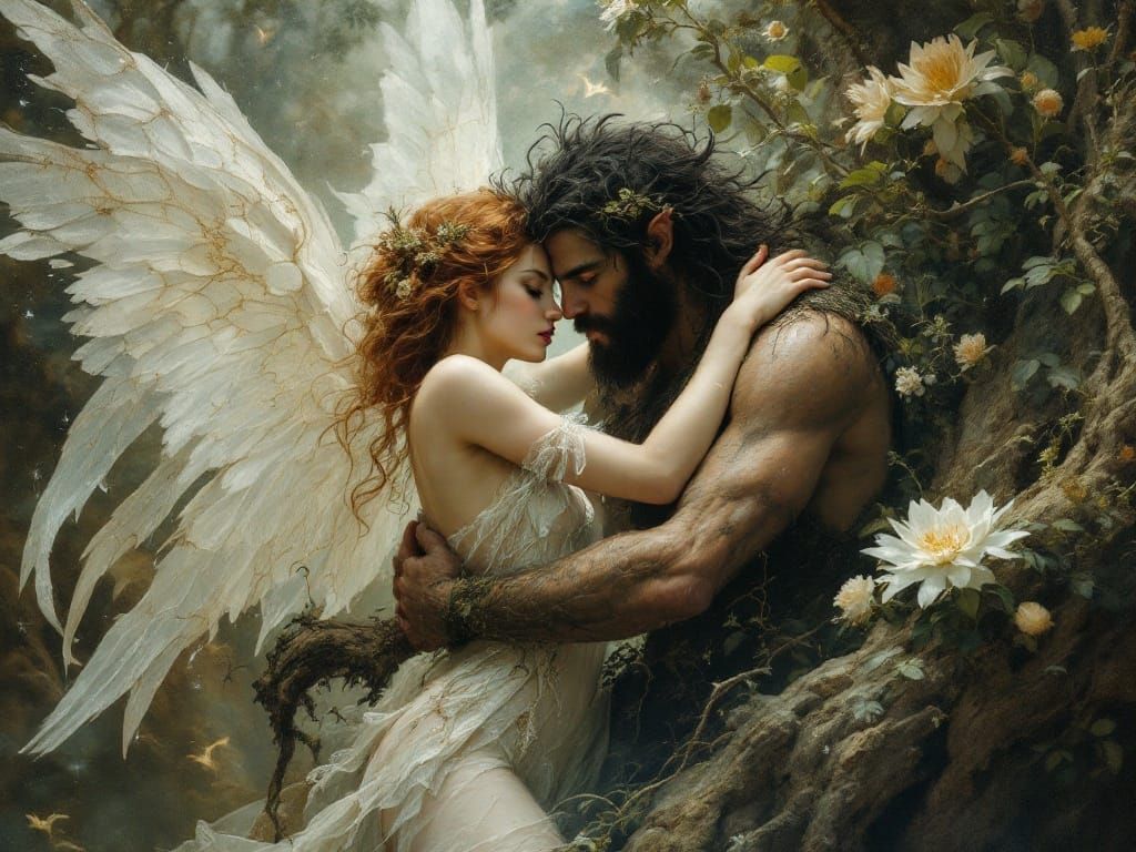 God Pan Embracing a Fae Fairy in Whimsical Fairytale Art