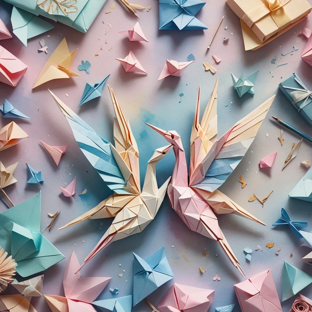 Romantic Origami Cranes Watercolor Painting