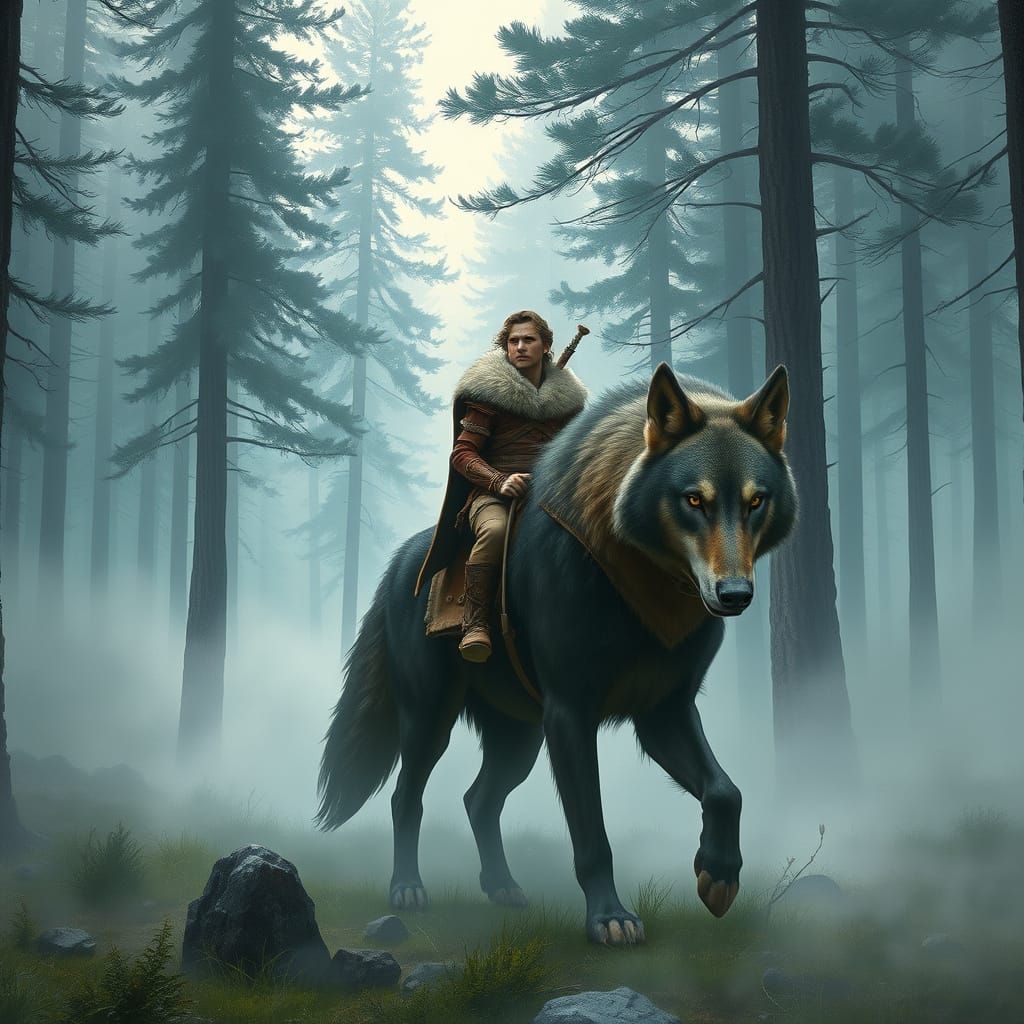 Warrior and Wolf Journey Through Misty Forest