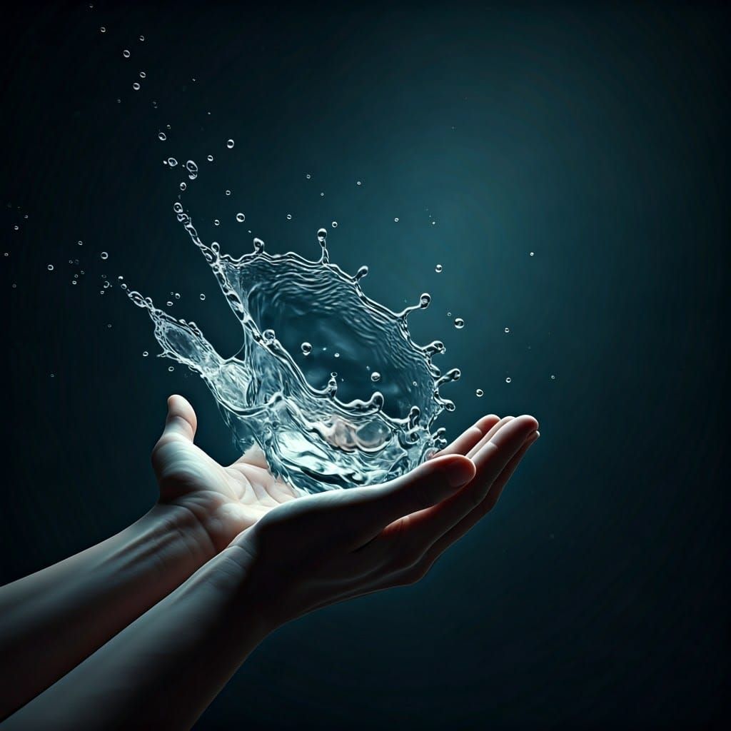 Hands Holding Exploding Water Droplet in Hyperrealism Style