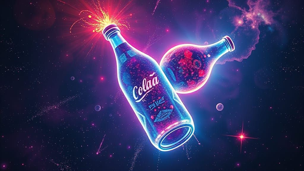 Neon Cola Bottle Floating in Cyberpunk Cosmos