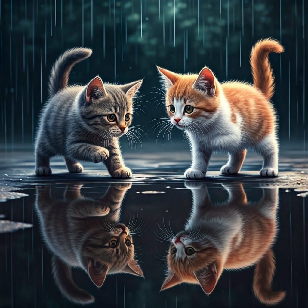 Playful Kittens Leap Over Rainy Reflections
