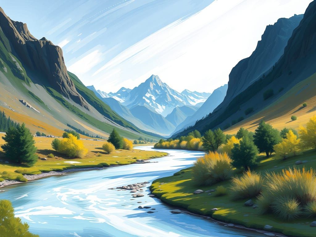 Idyllic Valley with River and Mountains: Impasto Style