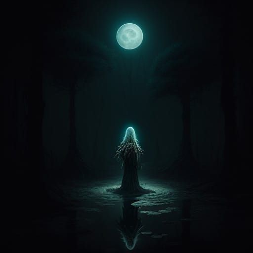 Snake-Haired Woman in Mystical Forest, Golden Gown, and Moon...