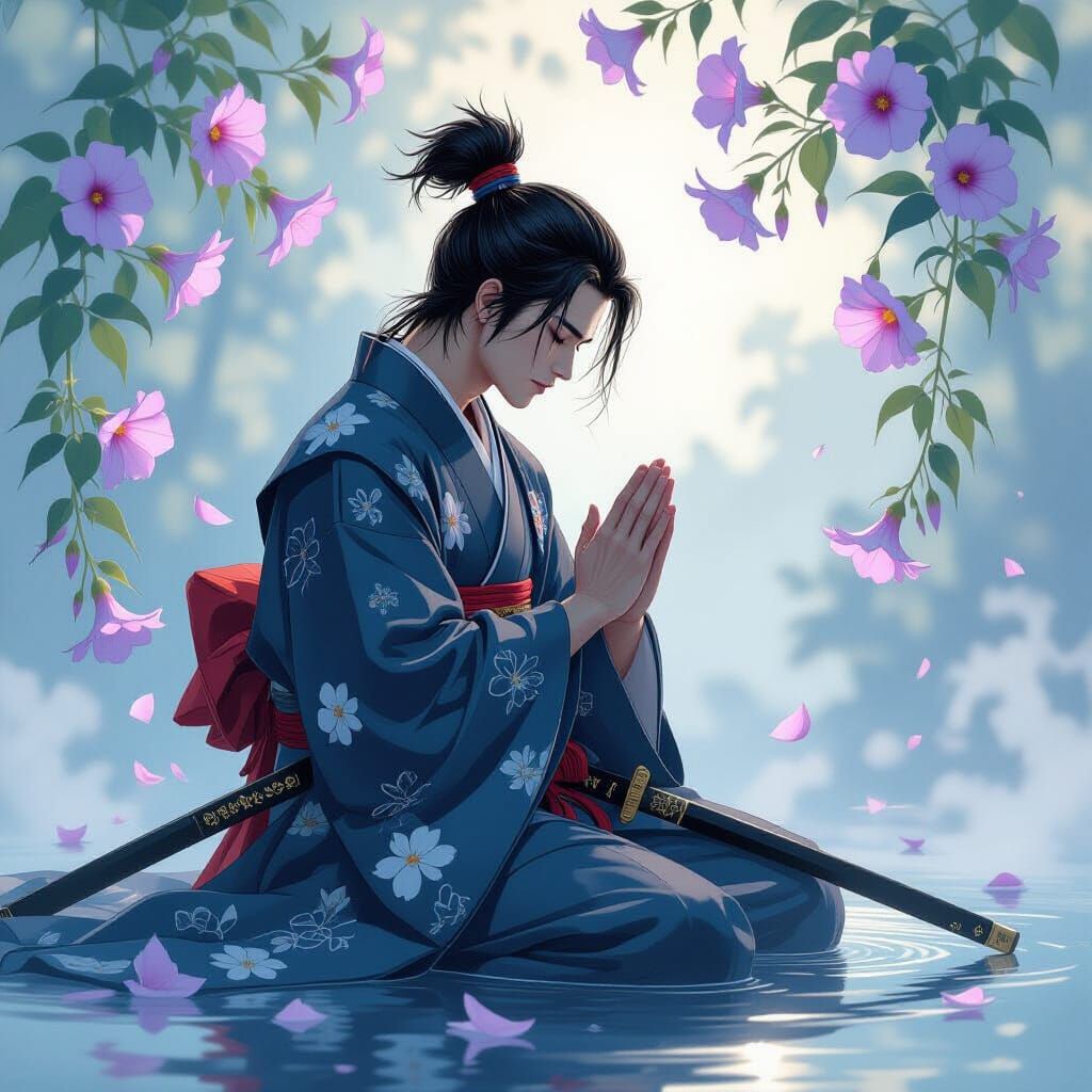 Gay Samurai in Prayer with Morning Glories