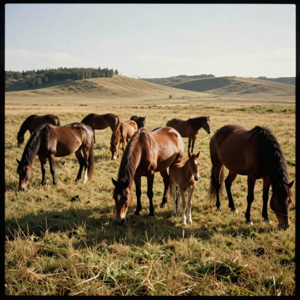 Horses and Foals Grazing in Sunlit Meadow
