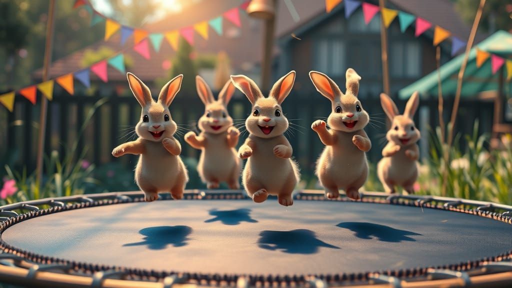 Rabbits Bouncing Joyfully on Trampoline, Action Painting Sty...