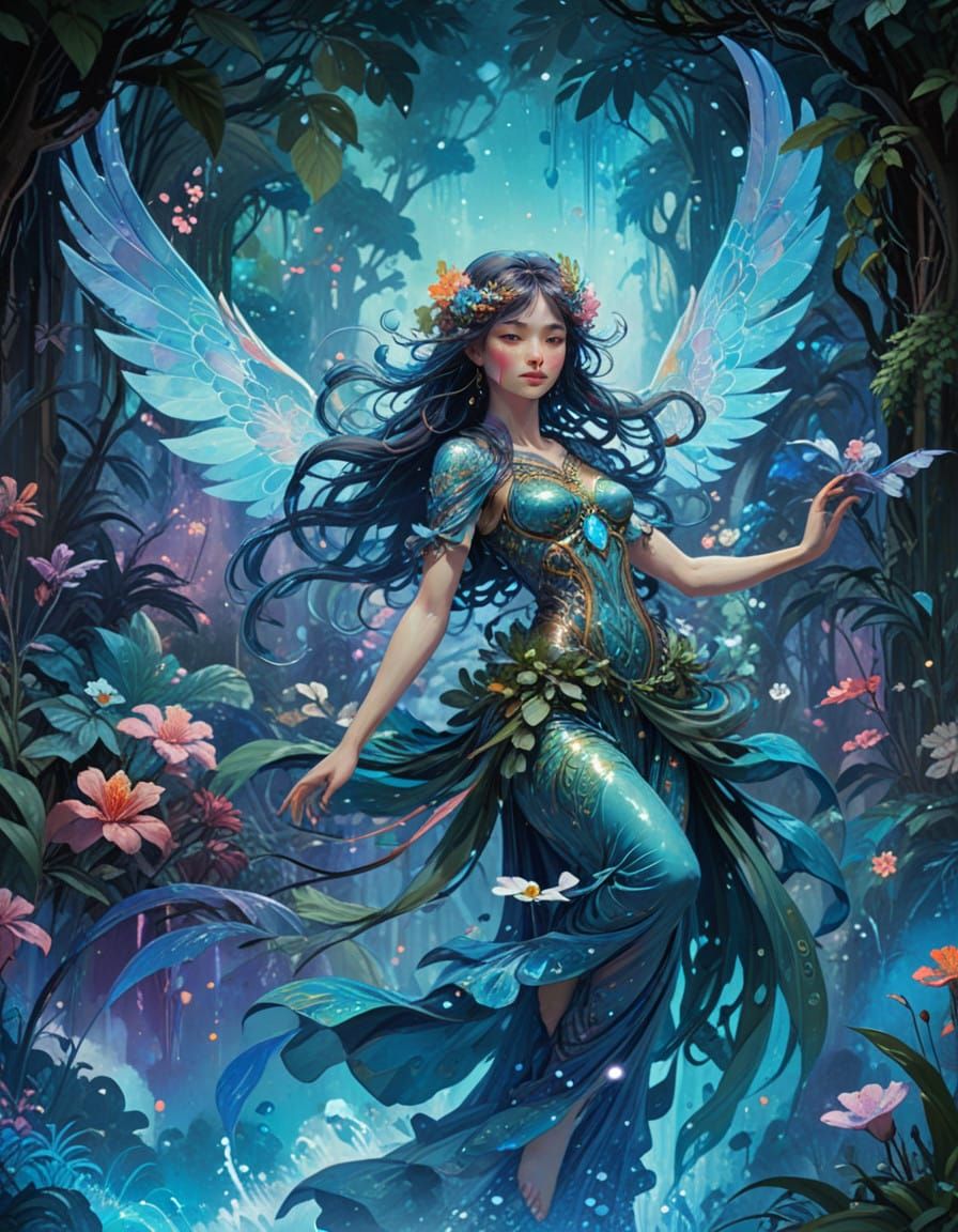 Exotic Jungle Goddess in Art Nouveau Style with Vibrant Colo...