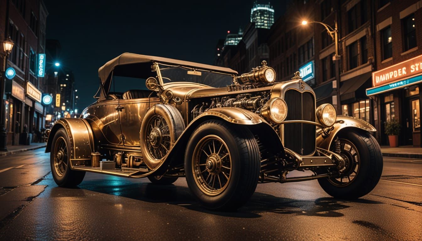 Steampunk Brass Hot Rod Convertible Under City Lights