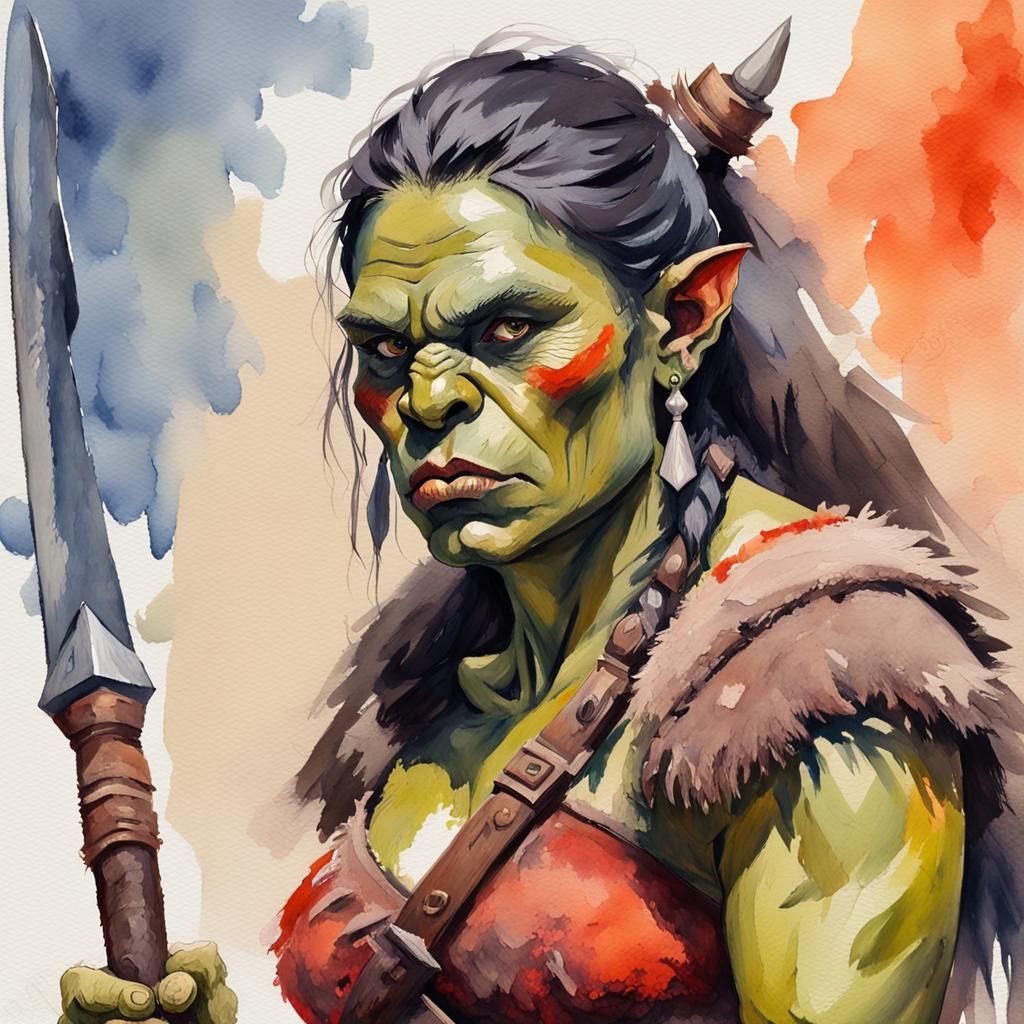 Female Orc Barbarian in Gouache Style