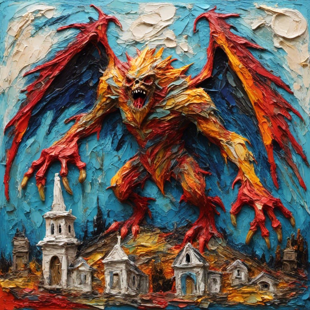 Orwellian Monster Rising: Impasto Texture Graveyard