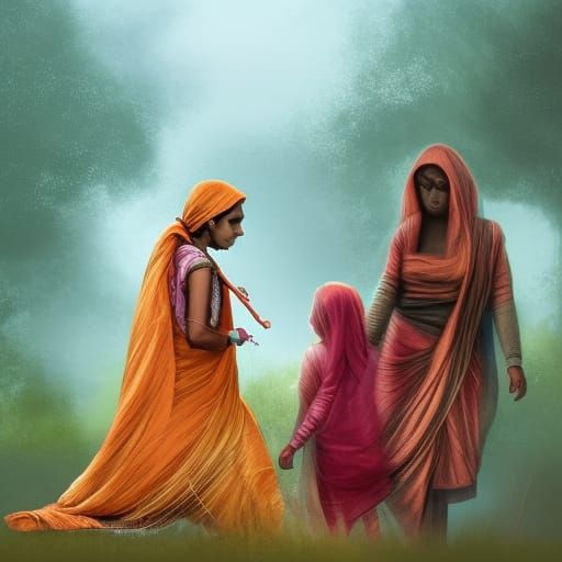 Fragile Mother Protects Daughter: Detailed Matte Painting