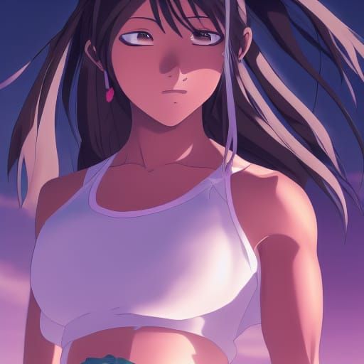 Anime Girl with Six-Pack Abs in Ghibli Style