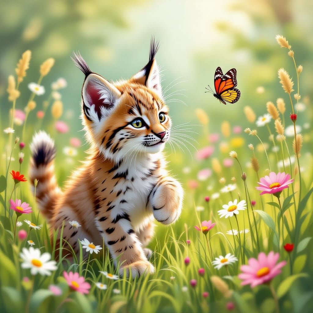 Playful Lynx Cub Chasing Butterfly in Whimsical Meadow