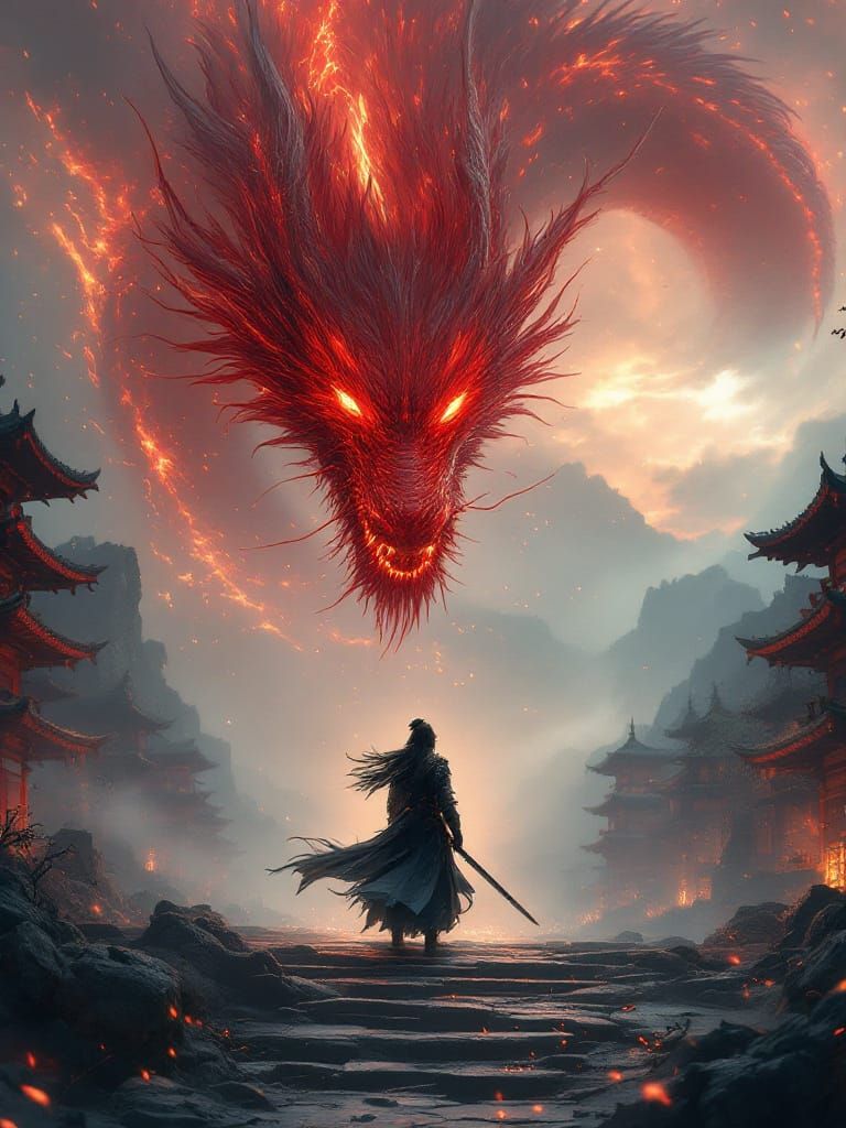 Samurai vs Dragon Epic Clash in Misty Temple