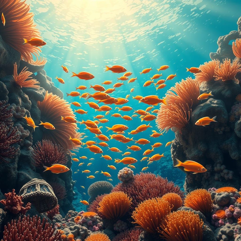 Vibrant underwater scene. Wide angle shot. A school of tropical fish swims through a coral reef, surrounded by sea fans ...