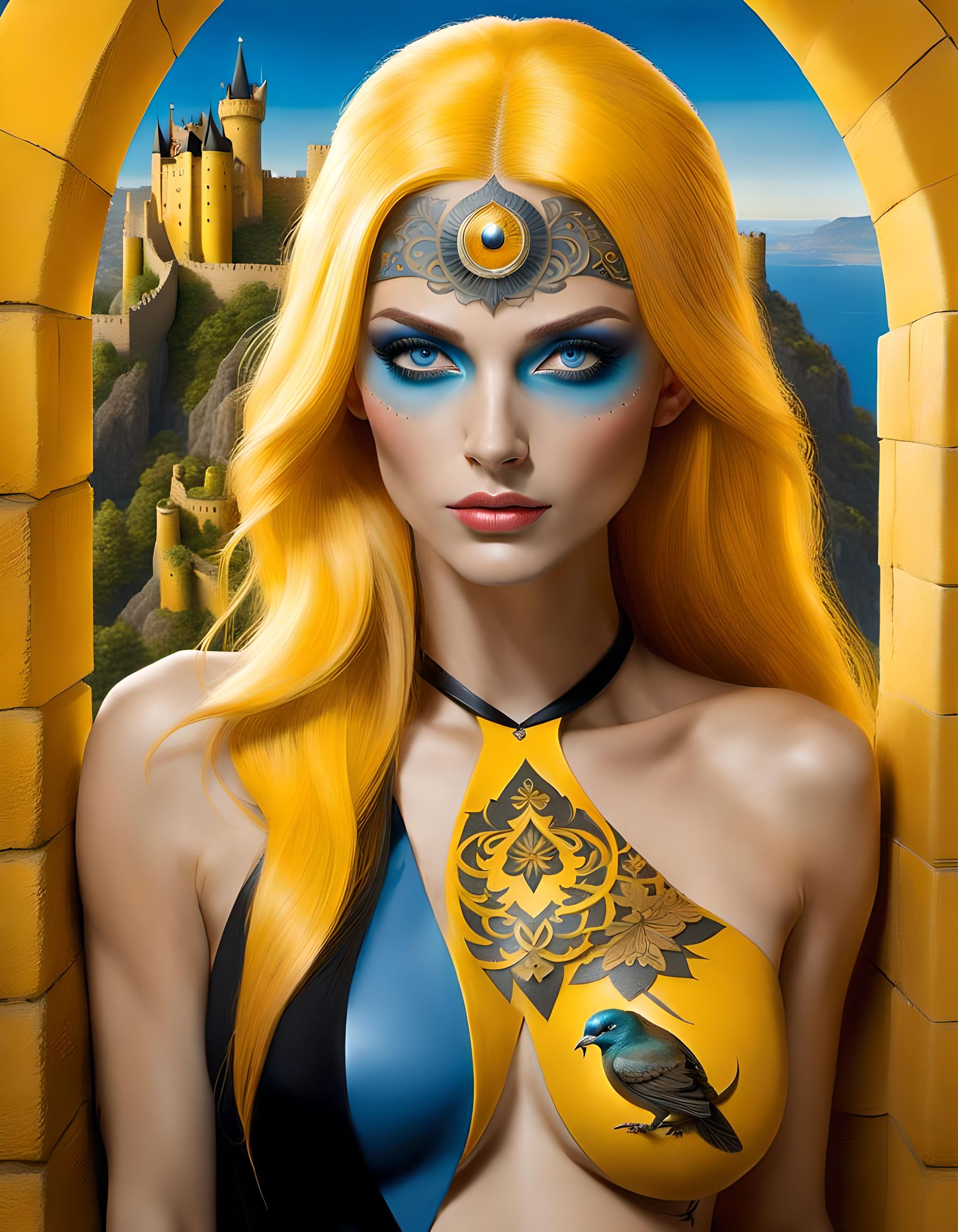 Naturistic Woman with Tattoos in Heavenly Castle