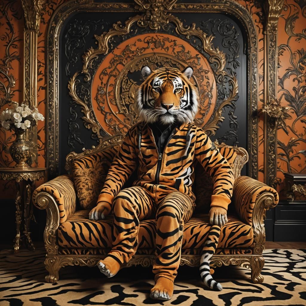 Person in Tiger Costume on Tiger Couch