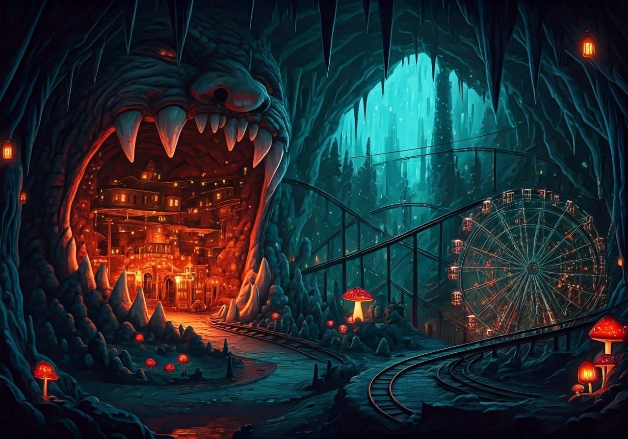Underground Cave Theme Park with Stone Troll Entrance