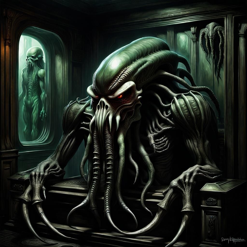 Cthulhu and Giger's Predator in Sinister Dreamscape