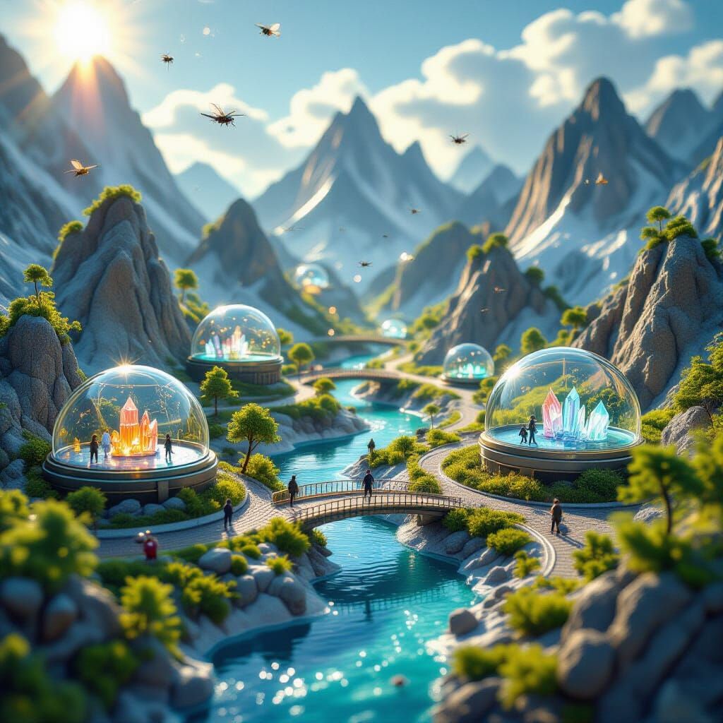 Macro Cinematic Miniature World with Glowing Rivers and Crys...