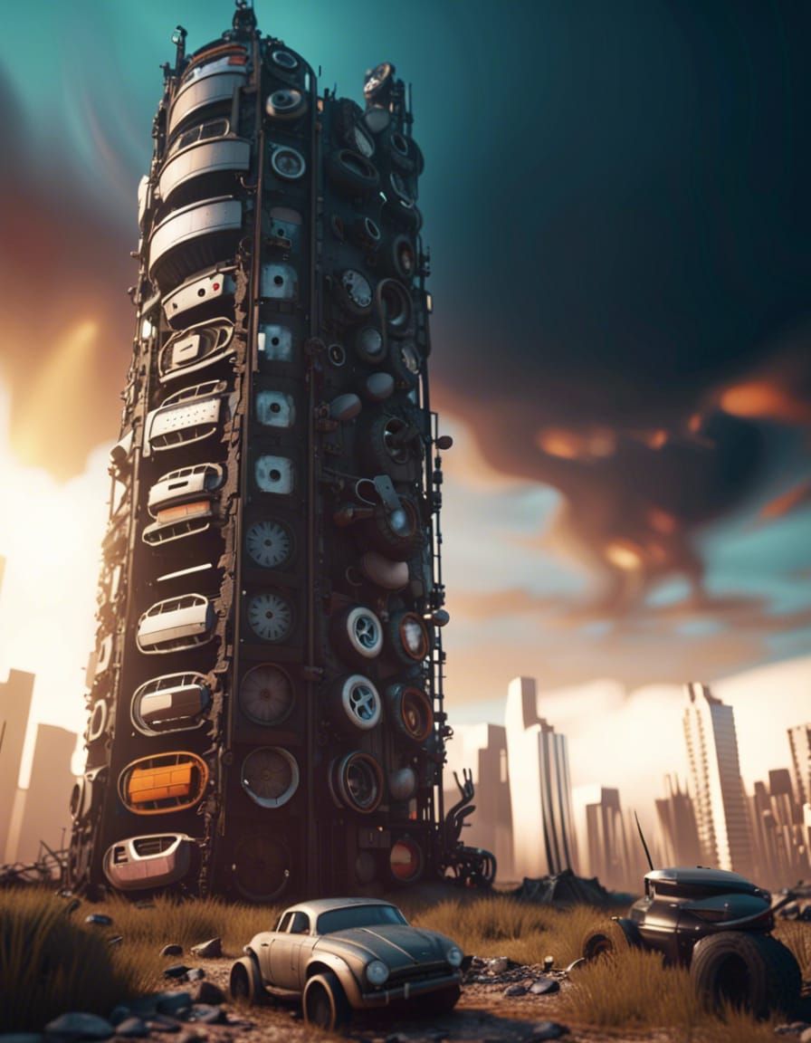 Post-Apocalyptic Skyscraper Built from Cars in 8K