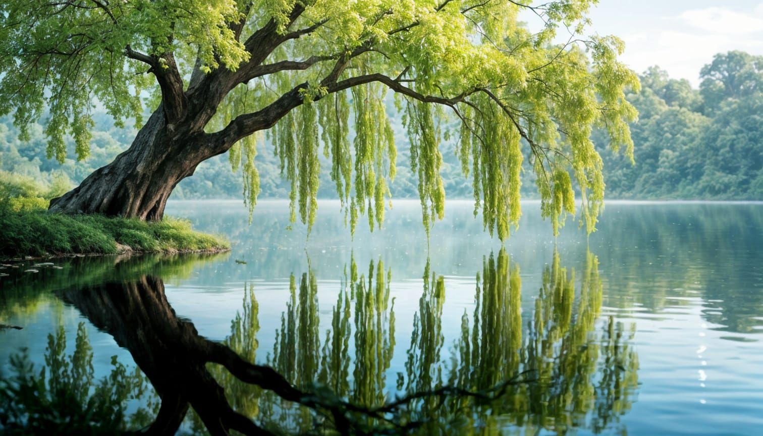 Majestic Willow Tree Bends Over Peaceful Lake