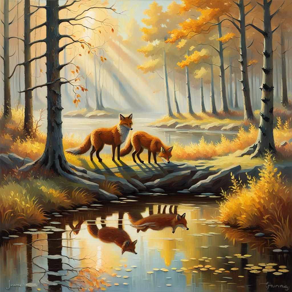 Vibrant Autumn Forest Scene with Foxes Drinking from a Pond