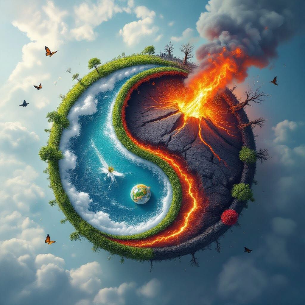 Yin and Yang Landscape: Hyperrealistic Aerial View