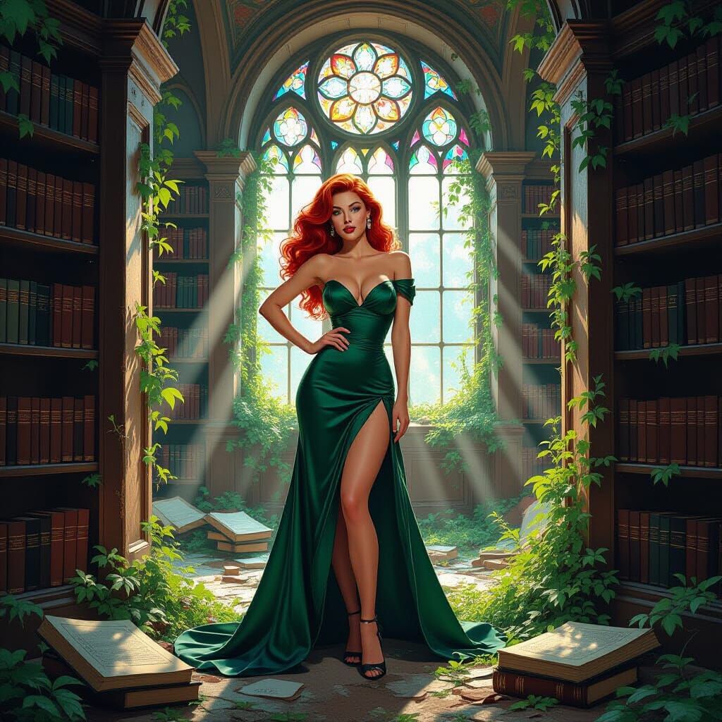 Red-Haired Pinup in Ruined Library, Vintage Glamour Style