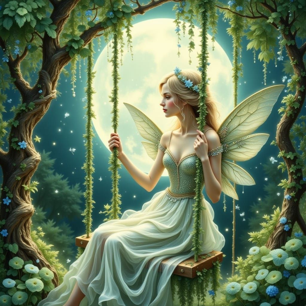 Ethereal Fairy on a Swing, Whimsical Illustration