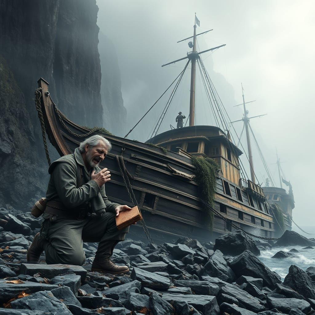 Mourning Sailor Beside Ancient Shipwreck