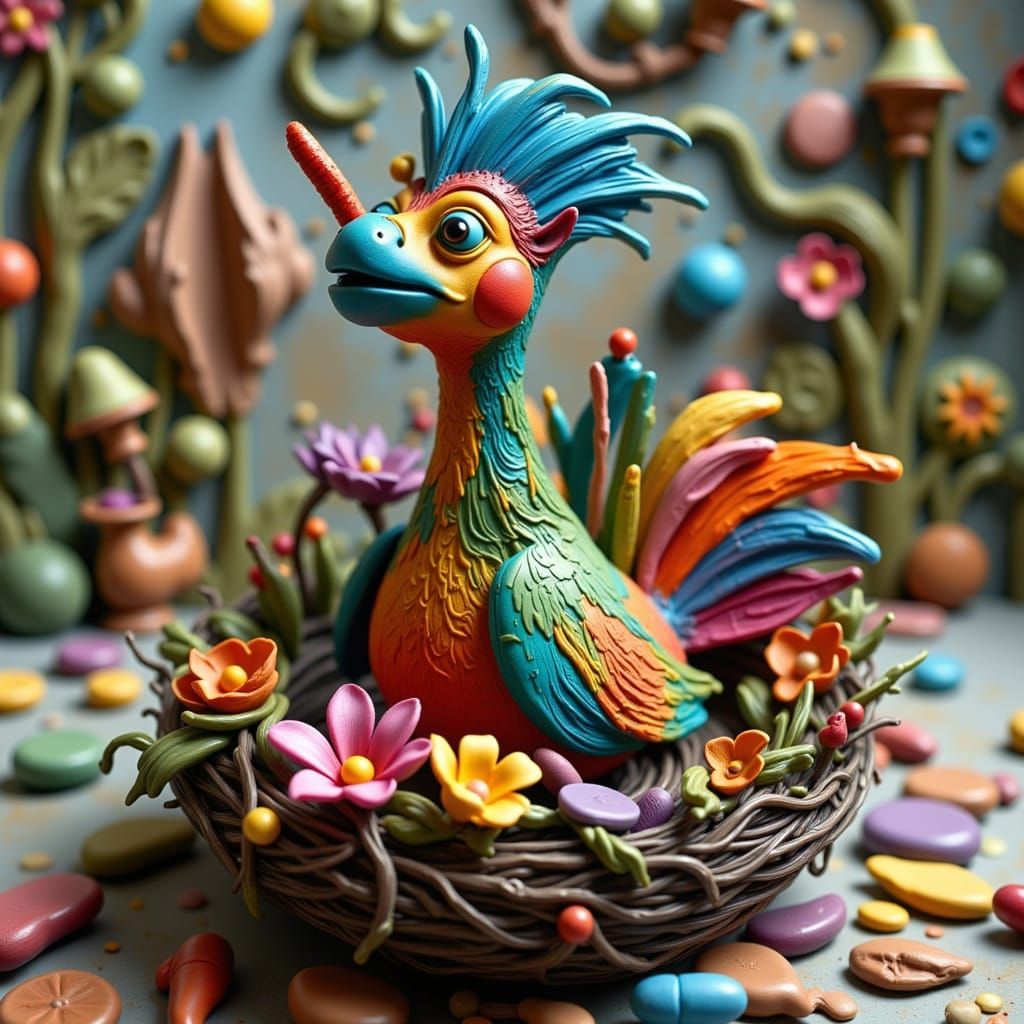 Vibrant Abstract Clay Bird in Floral Nest
