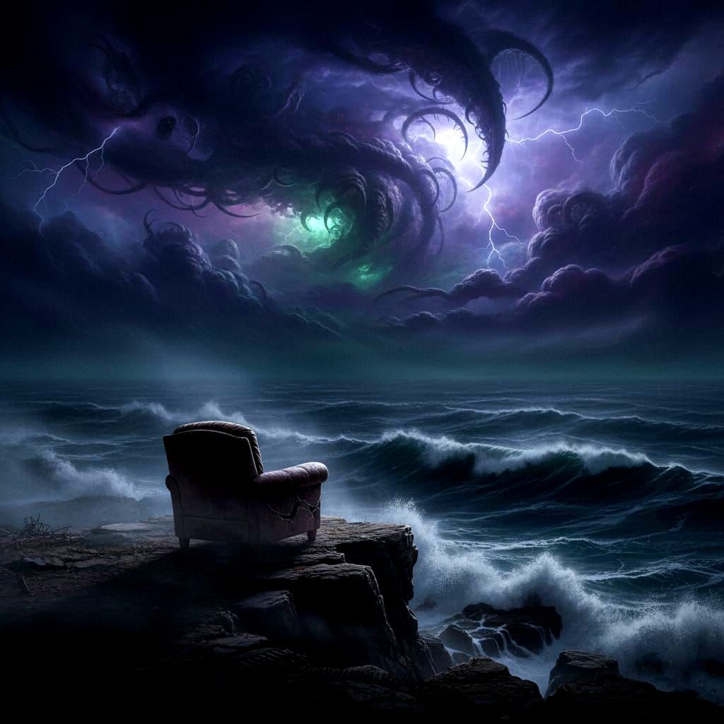 Ancient Armchair on Cliff Overlooking Stormy Cosmic Sea