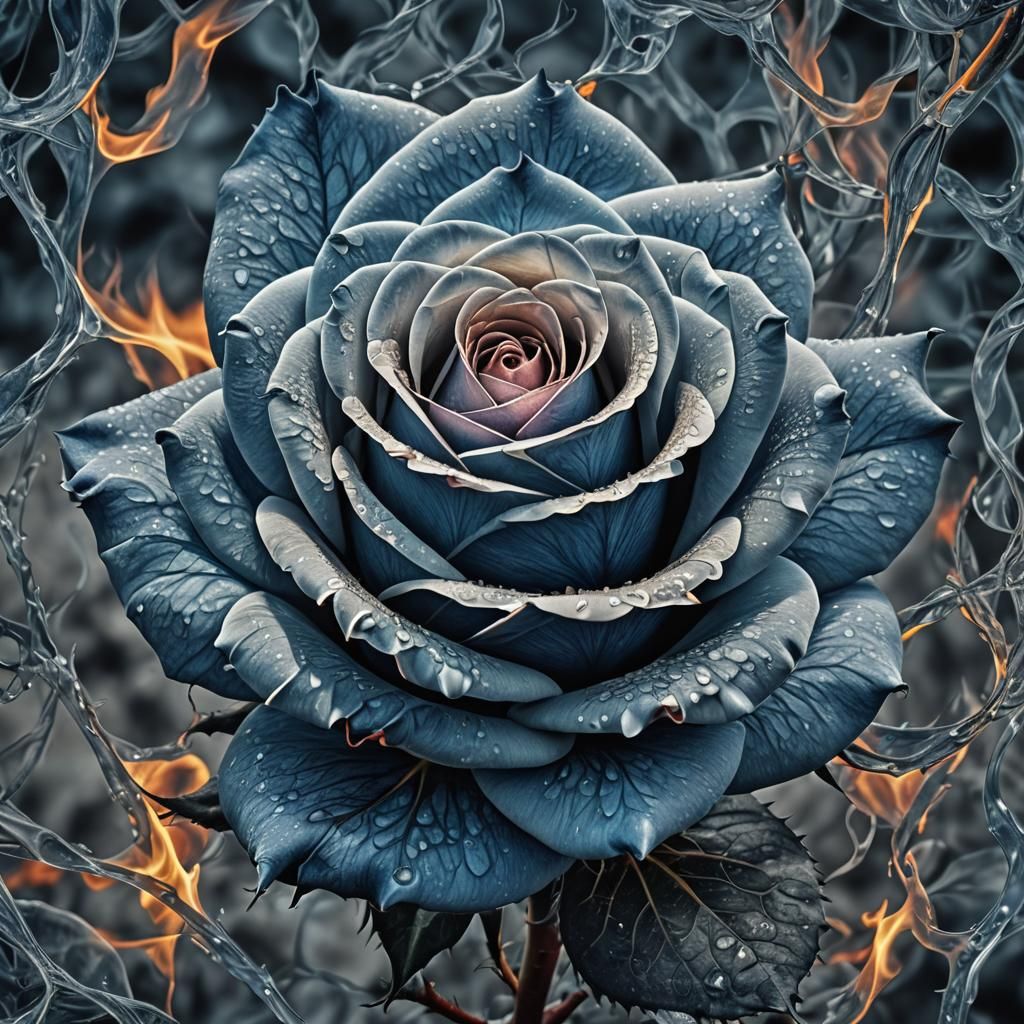 Blue Fire Rose: Intricate Hyperrealistic Details