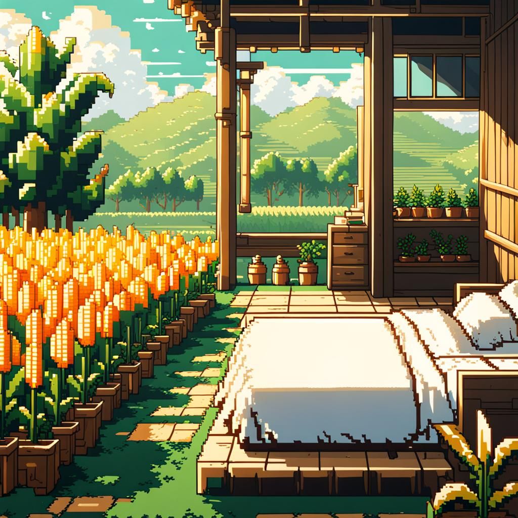 8-Bit Pixel Bedroom with Corn Farm, Anime Art