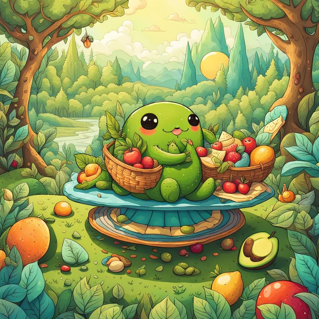 Fairy Avocado Picnic in Forest: Surreal Pencil Art