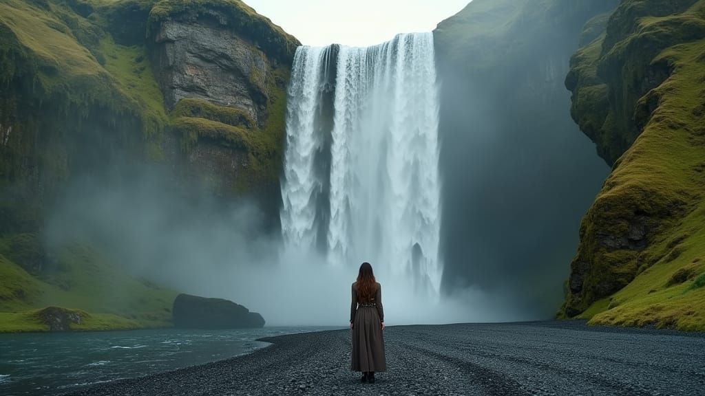 Breathtaking Waterfall Landscape with Serene Woman