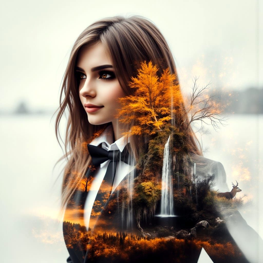 Woman in Autumn Nature Double Exposure Portrait