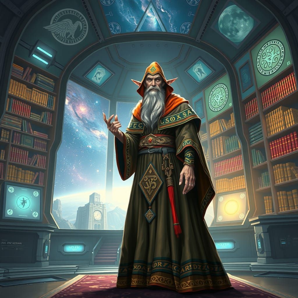 Enigmatic Wizard in Cosmic Library, Painted in a Dramatic Fa...