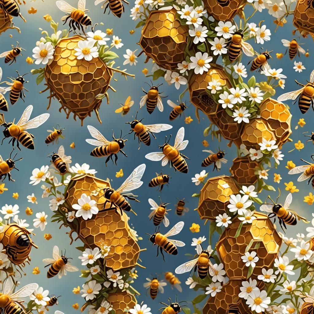 Golden Beehive with Shiny Bees in Divine Light